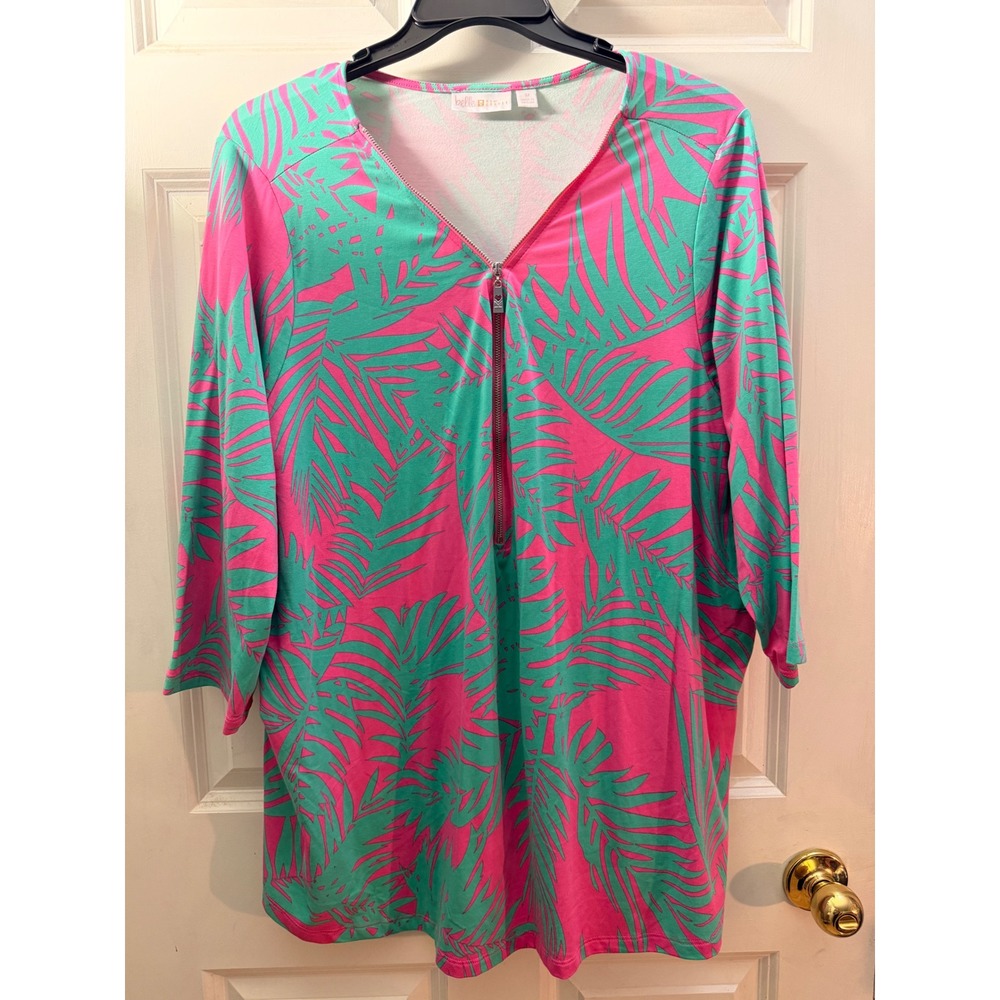 Belle by Kim Gravel Pink Green Tropical Palm Half Zip Tunic Top 3X A375863